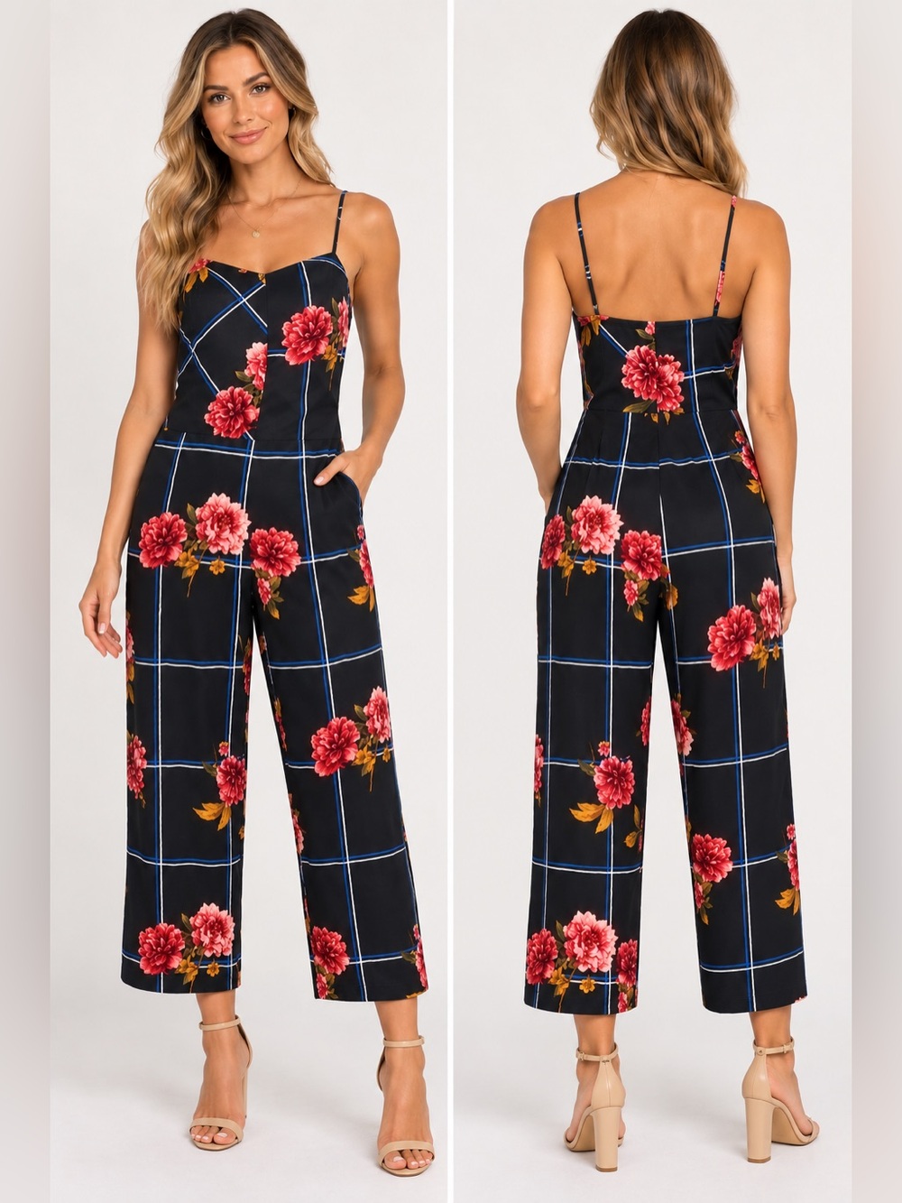 Topshop Grid Check Floral Jumpsuit Wide Cropped Leg Sleeveless Cami